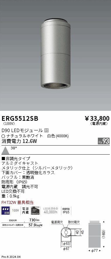 安心のメーカー保証【インボイス対応店】【送料無料】ERG5512SB 遠藤照明 ポーチライト 軒下用 LED  Ｎ区分 Ｎ発送の画像