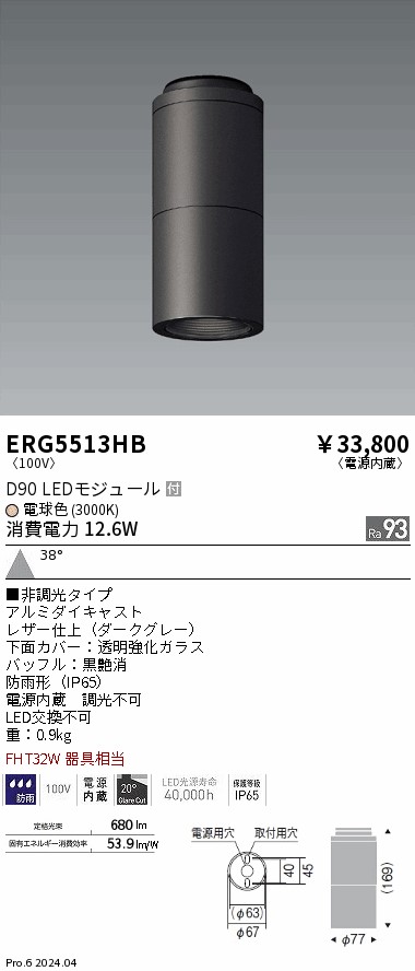 安心のメーカー保証【インボイス対応店】【送料無料】ERG5513HB 遠藤照明 ポーチライト 軒下用 LED  Ｎ区分 Ｎ発送の画像