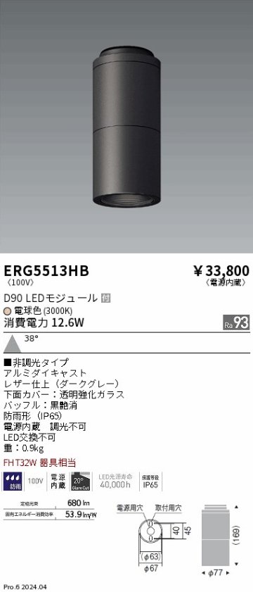 安心のメーカー保証【インボイス対応店】【送料無料】ERG5513HB 遠藤照明 ポーチライト 軒下用 LED  Ｎ区分の画像