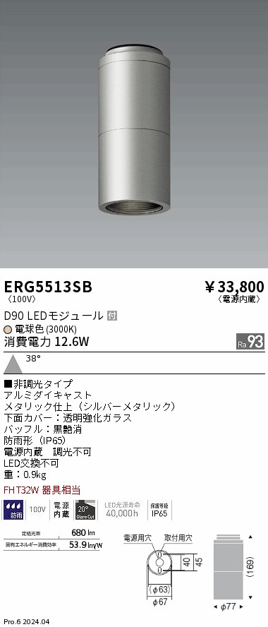安心のメーカー保証【インボイス対応店】【送料無料】ERG5513SB 遠藤照明 ポーチライト 軒下用 LED  Ｎ区分 Ｎ発送の画像