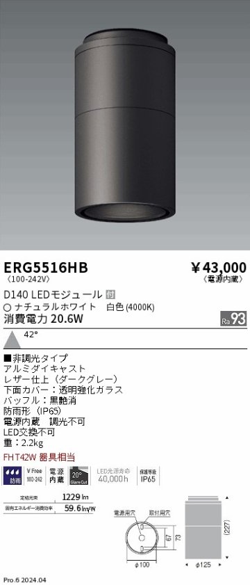 安心のメーカー保証【インボイス対応店】【送料無料】ERG5516HB 遠藤照明 ポーチライト 軒下用 LED  Ｎ区分の画像