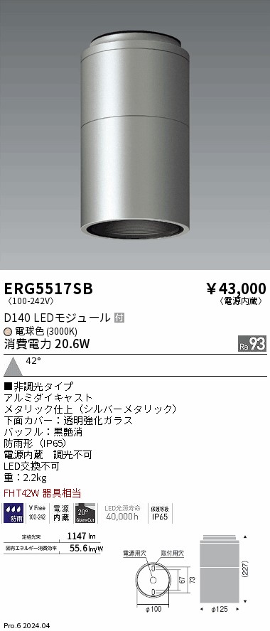 安心のメーカー保証【インボイス対応店】【送料無料】ERG5517SB 遠藤照明 ポーチライト 軒下用 LED  Ｎ区分 Ｎ発送の画像