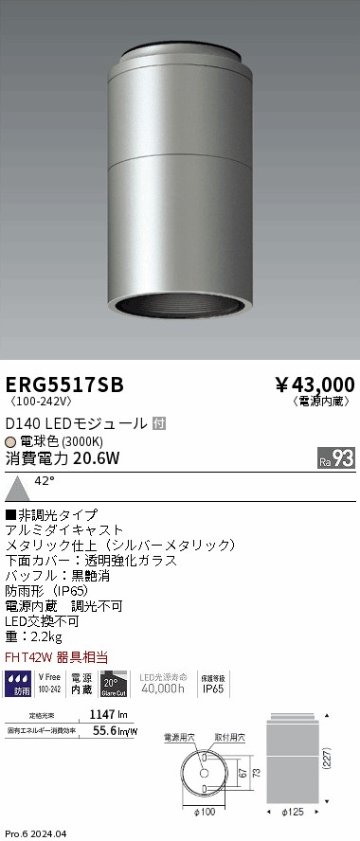 安心のメーカー保証【インボイス対応店】【送料無料】ERG5517SB 遠藤照明 ポーチライト 軒下用 LED  Ｎ区分の画像