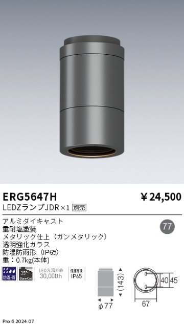 安心のメーカー保証【インボイス対応店】【送料無料】ERG5647H 遠藤照明 ポーチライト 軒下用 LED  Ｎ区分の画像