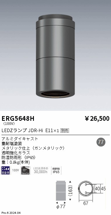 安心のメーカー保証【インボイス対応店】【送料無料】ERG5648H 遠藤照明 ポーチライト 軒下用 LED  Ｎ区分 Ｎ発送の画像