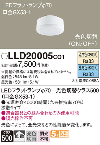 安心のメーカー保証【インボイス対応店】【送料無料】LLD20005CQ1 （LDF5-H-GX53/WWD/S） パナソニック ランプ類 LEDユニット LED  Ｔ区分の画像