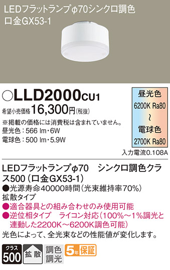 安心のメーカー保証【インボイス対応店】【送料無料】LLD2000CU1 パナソニック ランプ類 LEDユニット LED  Ｔ区分の画像