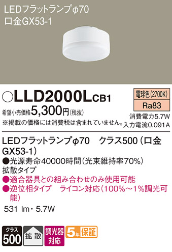 安心のメーカー保証【インボイス対応店】【送料無料】LLD2000LCB1 （LDF6L-H-GX53/D/S） パナソニック ランプ類 LEDユニット LED  Ｔ区分の画像