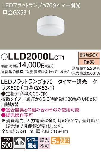 安心のメーカー保証【インボイス対応店】【送料無料】LLD2000LCT1 （クラス500口金GX53-1） パナソニック ランプ類 LEDユニット LED  Ｔ区分の画像