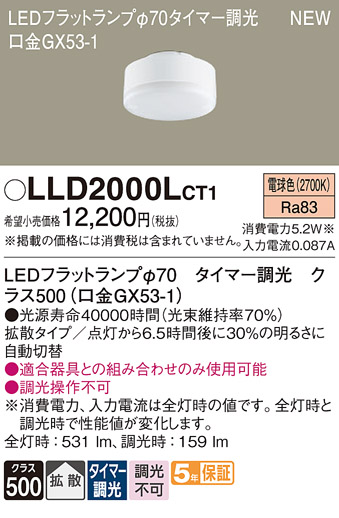 安心のメーカー保証【インボイス対応店】【送料無料】LLD2000LCT1 （クラス500口金GX53-1） パナソニック ランプ類 LEDユニット LED  Ｔ区分の画像