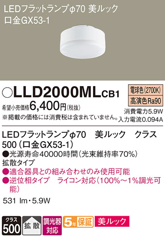 安心のメーカー保証【インボイス対応店】【送料無料】LLD2000MLCB1 （LDF6L-D-H-GX53/D/S） パナソニック ランプ類 LEDユニット LED  Ｔ区分の画像