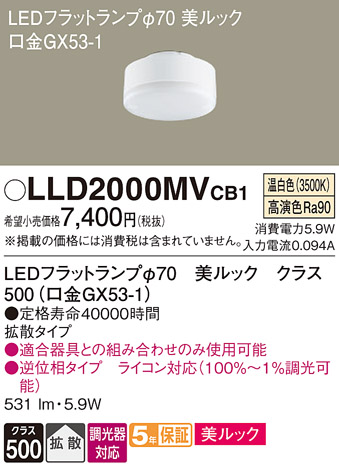 安心のメーカー保証【インボイス対応店】【送料無料】LLD2000MVCB1 （LDF6WW-D-H-GX53/D/S） パナソニック ランプ類 LEDユニット LED  Ｔ区分の画像