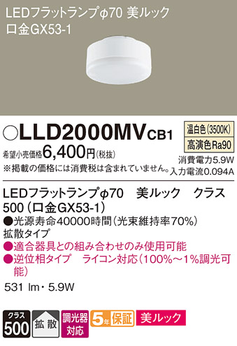 安心のメーカー保証【インボイス対応店】【送料無料】LLD2000MVCB1 （LDF6WW-D-H-GX53/D/S） パナソニック ランプ類 LEDユニット LED  Ｔ区分の画像