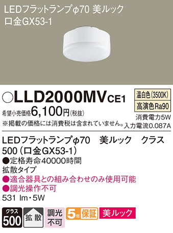 安心のメーカー保証【インボイス対応店】【送料無料】LLD2000MVCE1 （LDF5WW-D-H-GX53/S） パナソニック ランプ類 LEDユニット LED  Ｔ区分の画像