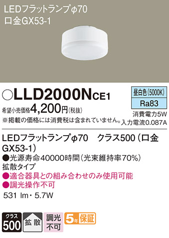 安心のメーカー保証【インボイス対応店】【送料無料】LLD2000NCE1 （LDF5N-H-GX53/S） パナソニック ランプ類 LEDユニット LED  Ｔ区分の画像