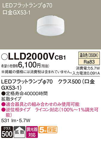 安心のメーカー保証【インボイス対応店】【送料無料】LLD2000VCB1 （LDF6WW-H-GX53/D/S） パナソニック ランプ類 LEDユニット LED  Ｔ区分の画像