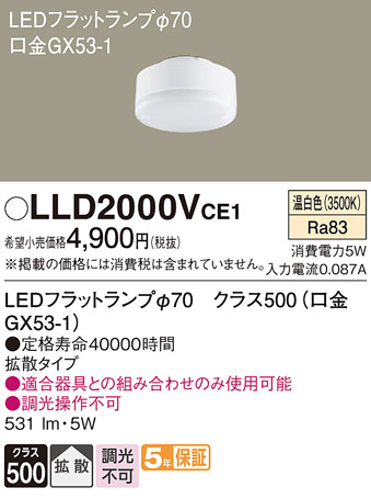 安心のメーカー保証【インボイス対応店】【送料無料】LLD2000VCE1 （LDF5WW-H-GX53/S） パナソニック ランプ類 LEDユニット LED  Ｔ区分の画像