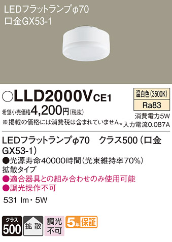 安心のメーカー保証【インボイス対応店】【送料無料】LLD2000VCE1 （LDF5WW-H-GX53/S） パナソニック ランプ類 LEDユニット LED  Ｔ区分の画像