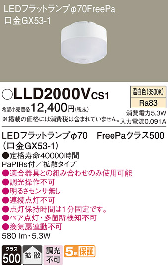 安心のメーカー保証【インボイス対応店】【送料無料】LLD2000VCS1 パナソニック ランプ類 LEDユニット LED  Ｔ区分の画像