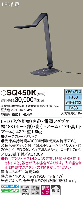 安心のメーカー保証【インボイス対応店】【送料無料】SQ450K パナソニック スタンド LED  Ｎ区分の画像