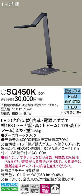 安心のメーカー保証【インボイス対応店】【送料無料】SQ450K パナソニック スタンド LED  Ｎ区分の画像