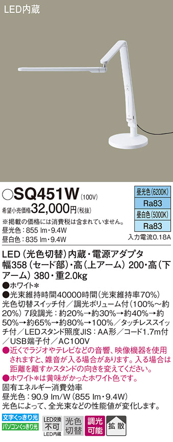 安心のメーカー保証【インボイス対応店】【送料無料】SQ451W パナソニック スタンド LED  Ｎ区分の画像
