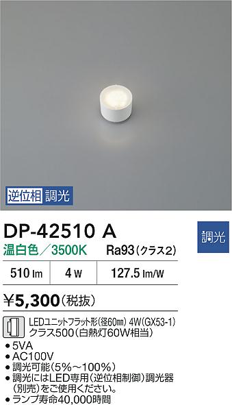 安心のメーカー保証【インボイス対応店】【送料無料】DP42510A ダイコー ランプ類 LEDユニットフラット形 LED 大光電機の画像