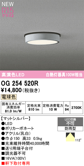 安心のメーカー保証期間限定特価【インボイス対応店】【送料無料】OG254520R オーデリック 屋外灯 軒下灯 LED  Ｈ区分の画像