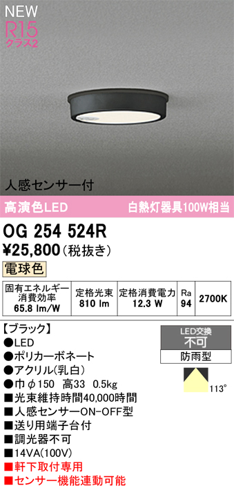 安心のメーカー保証期間限定特価【インボイス対応店】【送料無料】OG254524R オーデリック 屋外灯 軒下灯 LED  Ｎ区分の画像