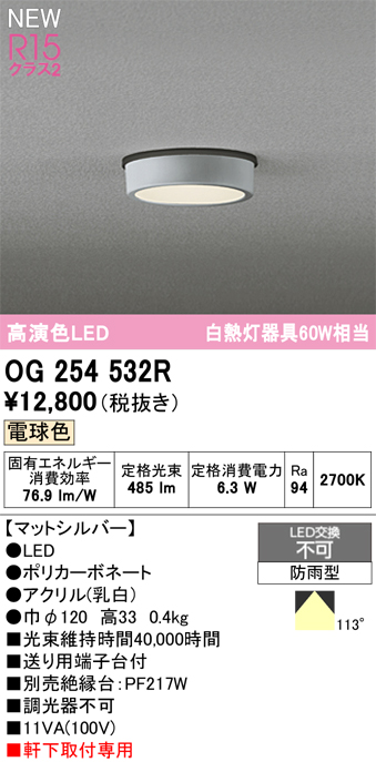 安心のメーカー保証期間限定特価【インボイス対応店】【送料無料】OG254532R オーデリック 屋外灯 軒下灯 LED  Ｈ区分の画像