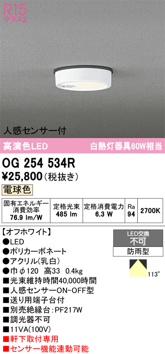 安心のメーカー保証期間限定特価【インボイス対応店】【送料無料】OG254534R オーデリック 屋外灯 軒下灯 LED  Ｈ区分の画像