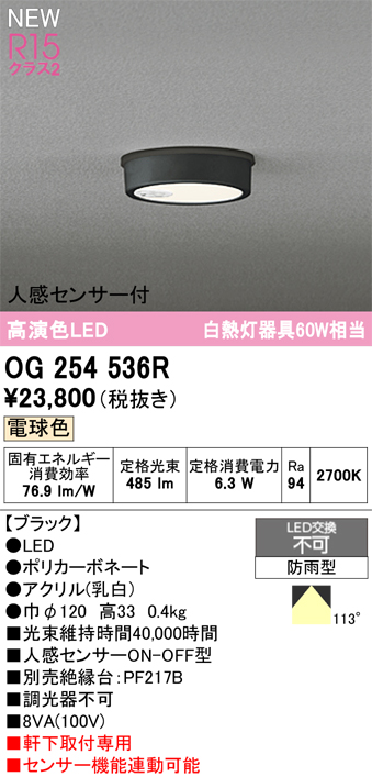 安心のメーカー保証期間限定特価【インボイス対応店】【送料無料】OG254536R オーデリック 屋外灯 軒下灯 LED  Ｈ区分の画像