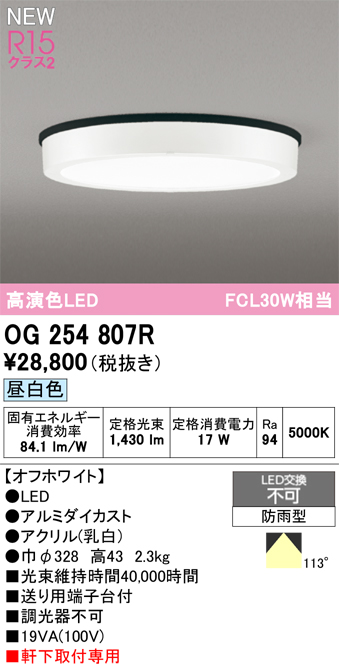安心のメーカー保証期間限定特価【インボイス対応店】【送料無料】OG254807R オーデリック 屋外灯 軒下灯 LED  Ｈ区分の画像
