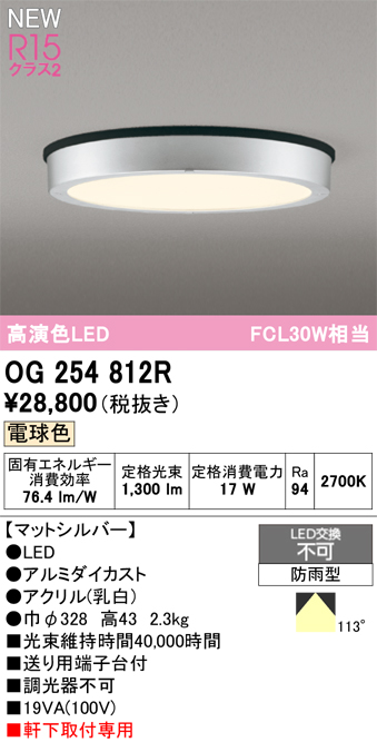 安心のメーカー保証期間限定特価【インボイス対応店】【送料無料】OG254812R オーデリック 屋外灯 軒下灯 LED  Ｈ区分の画像