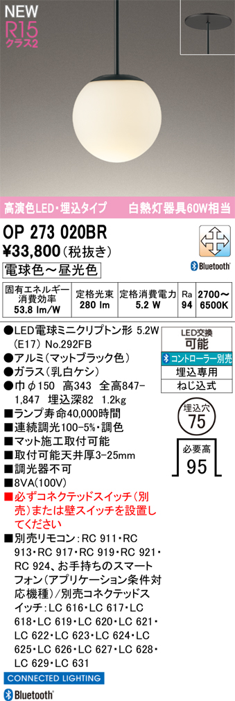 安心のメーカー保証【インボイス対応店】【送料無料】OP273020BR （ランプ別梱包）『OP273020#＋NO292FB』 オーデリック ペンダント 埋込灯 LED リモコン別売  Ｔ区分の画像