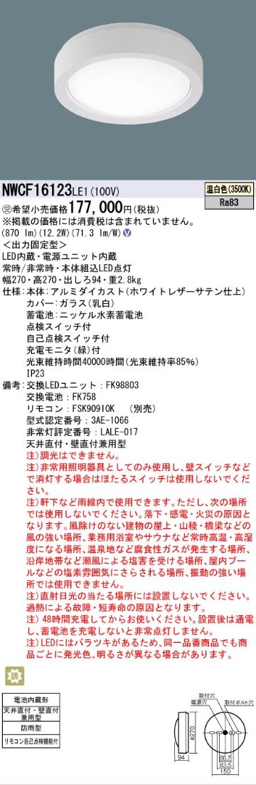 安心のメーカー保証【インボイス対応店】NWCF16123LE1 パナソニック 屋外灯 非常灯 LED リモコン別売  受注生産品  Ｎ区分の画像