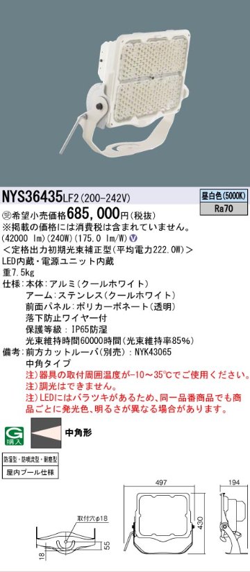 安心のメーカー保証【インボイス対応店】NYS36435LF2 パナソニック 屋外灯 投光器 灯具のみ LED  受注生産品  Ｎ区分の画像
