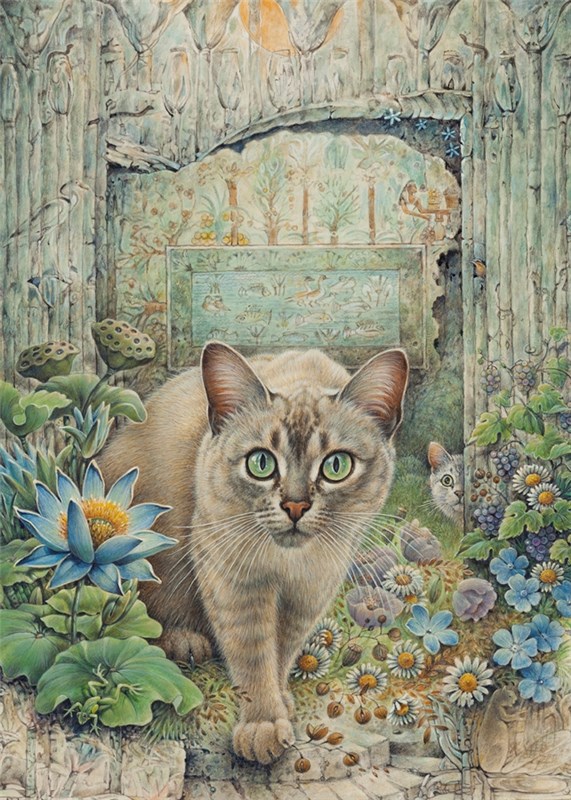 レズリーアンアイボリー 猫の輸入グリーティングカード封筒付 Nutmeg and Mumu in Egyptian gardensの画像