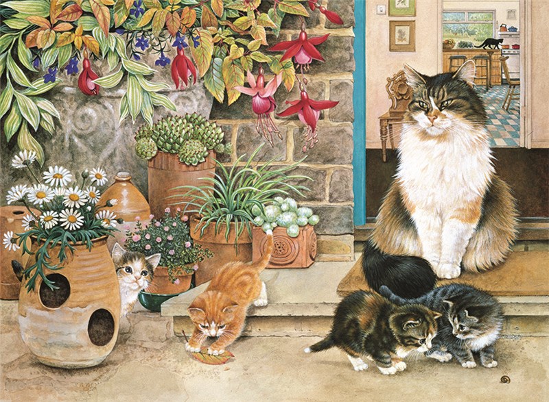 レズリーアンアイボリー 猫の輸入グリーティングカード封筒付　Agneatha and her kittens on the doorstepの画像