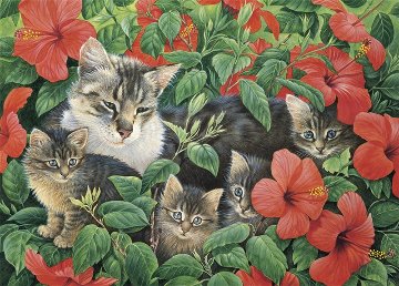 レズリーアンアイボリー 猫の輸入グリーティングカード封筒付　Mother and kittens in Hibiscusの画像