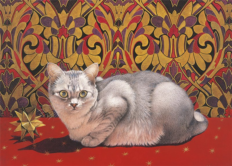 レズリーアンアイボリー 猫の輸入グリーティングカード封筒付 Mumu on a Christmas tableclothの画像