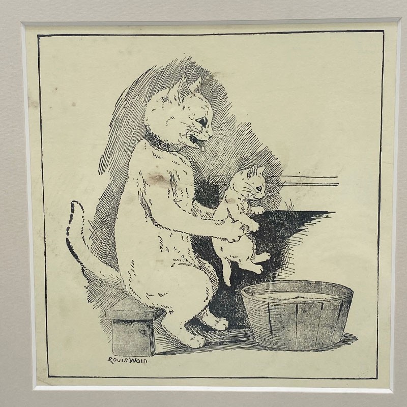 ルイスウェイン Louis Wain　親子猫のアンティークプリント　1900初期頃　額装済の画像