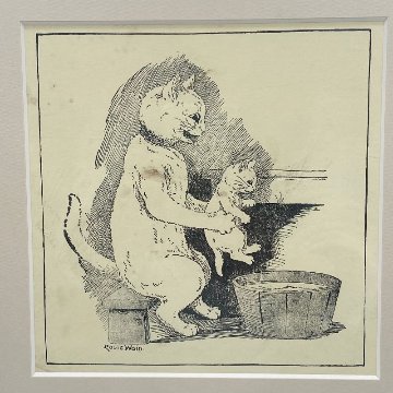 ルイスウェイン Louis Wain　親子猫のアンティークプリント　1900初期頃　額装済の画像