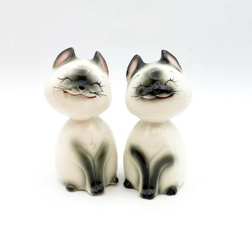 Norcrest Japan　満面の笑みのシャム猫ちゃんペアのソルト＆ペッパーシェイカー　1950年代ごろの画像