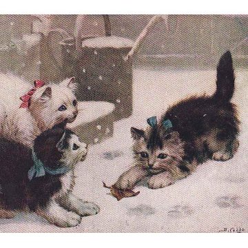 雪の中で遊ぶ猫たちのポストカードA Little Victim B.Cobbe 1909年の画像