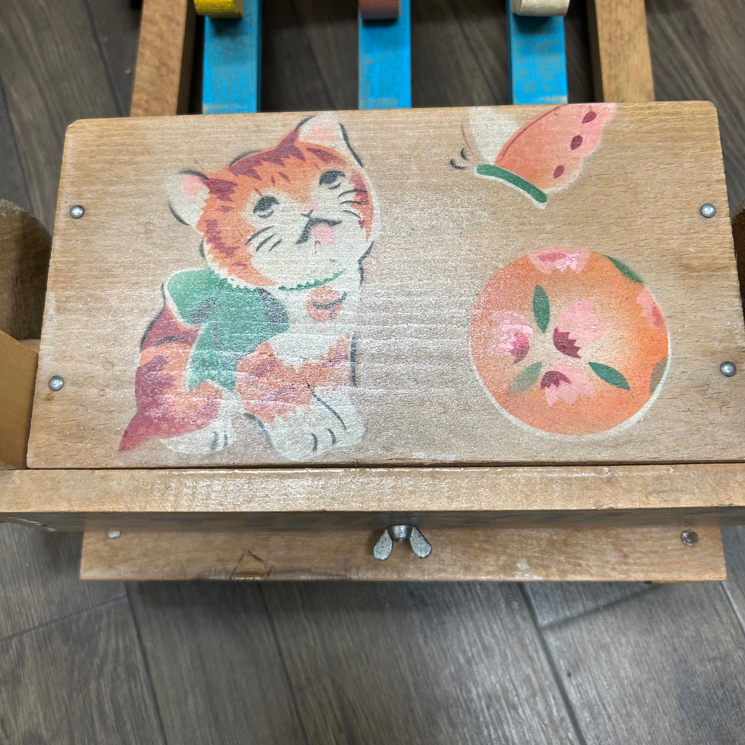 昭和レトロ 子供用 木製 手押し車 猫柄　折り畳みの画像