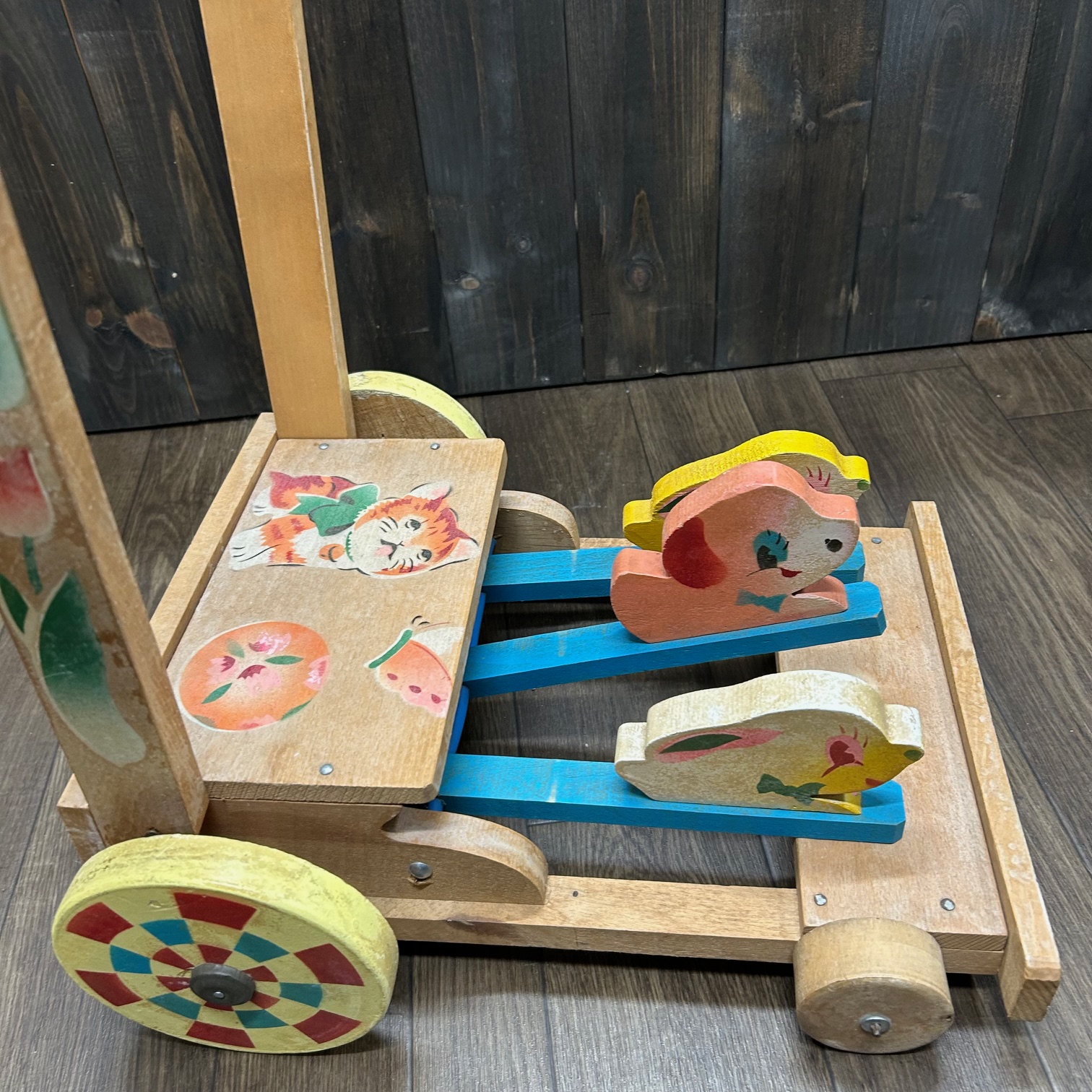 昭和レトロ 子供用 木製 手押し車 猫柄　折り畳みの画像