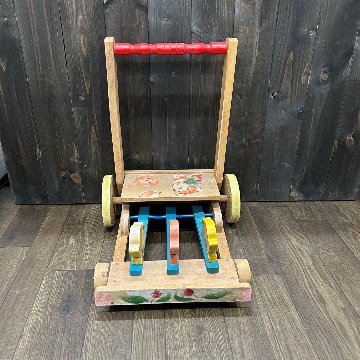 昭和レトロ 子供用 木製 手押し車 猫柄　折り畳みの画像