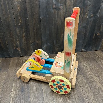 昭和レトロ 子供用 木製 手押し車 猫柄　折り畳みの画像