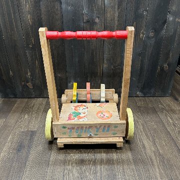昭和レトロ 子供用 木製 手押し車 猫柄　折り畳みの画像